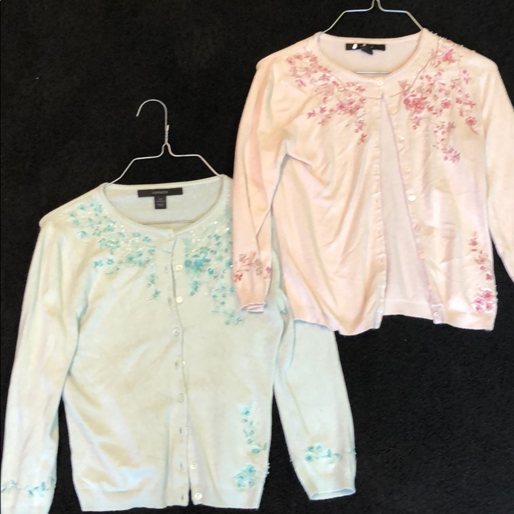 Two cardigans with embroidery and beading.